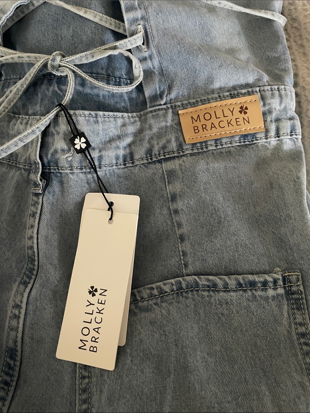 NWT Molly Bracken Light Blue Denim Jumpsuit With Thin Straps Wide Leg Sz L - Picture 13 of 13